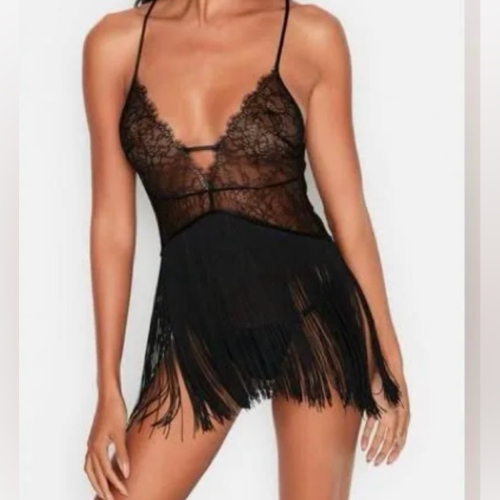 Victoria Secrets lace and fringe babydoll slip size medium black